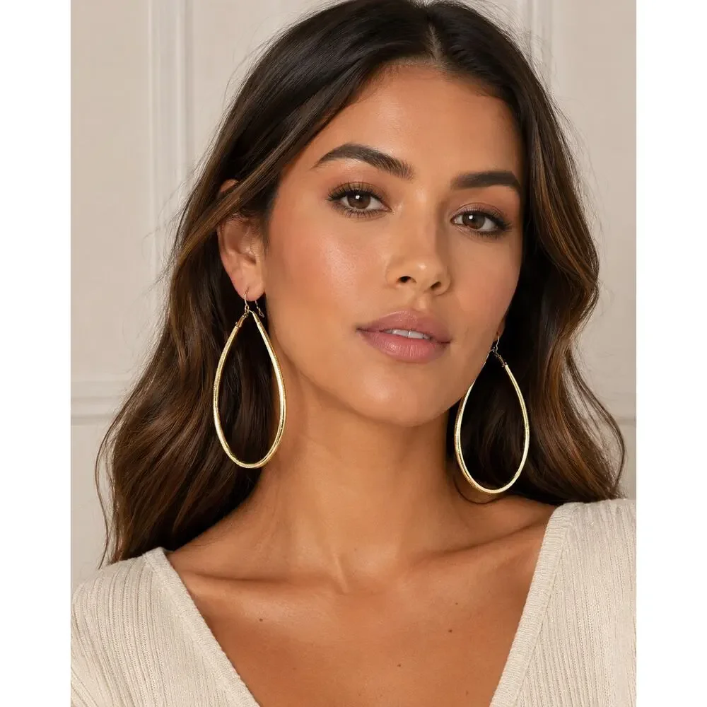 Large Gold Teardrop Hoop Earrings | Statement Hoops - Picture 1 of 3